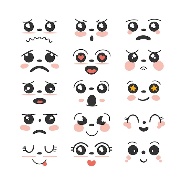 Hand drawn flat design kawaii face collection