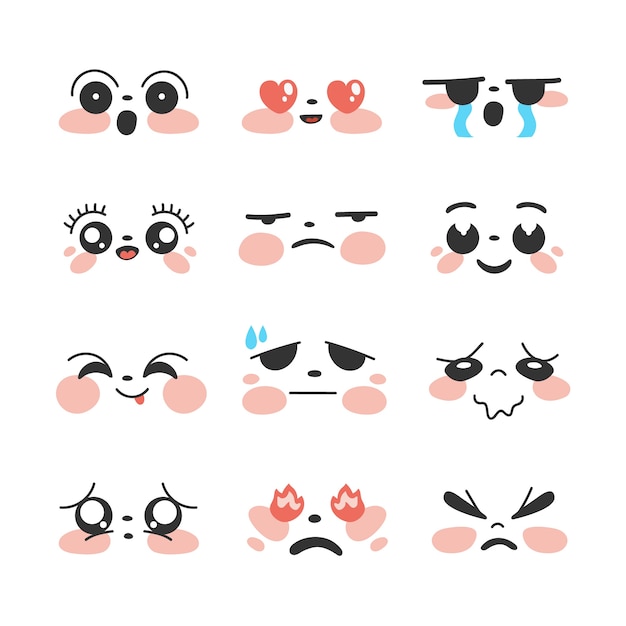 Hand drawn flat design kawaii face collection