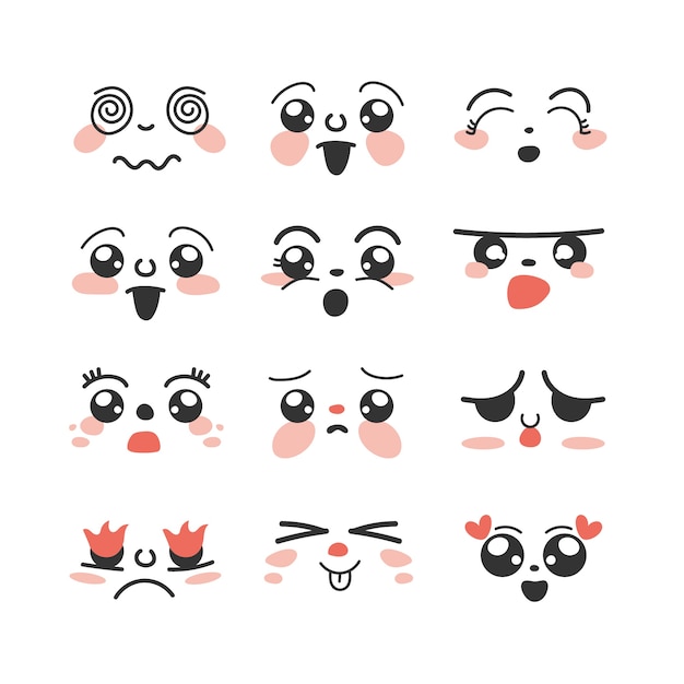 Hand drawn flat design kawaii face collection