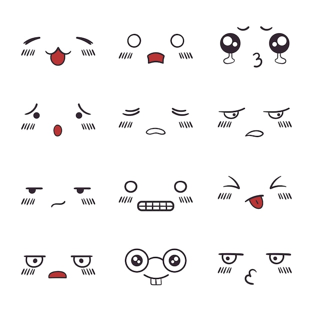 Hand drawn flat design kawaii face collection