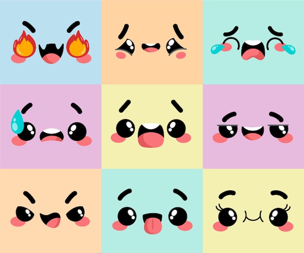 Hand drawn flat design kawaii face collection