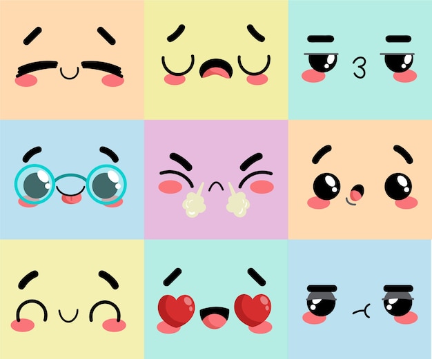 Hand drawn flat design kawaii face collection