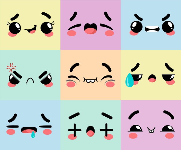 Hand drawn flat design kawaii face collection