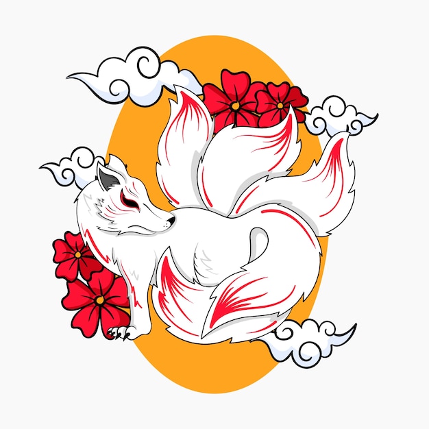 Hand drawn flat design kitsune illustration