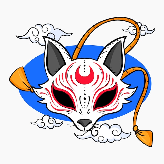 Hand drawn flat design kitsune illustration