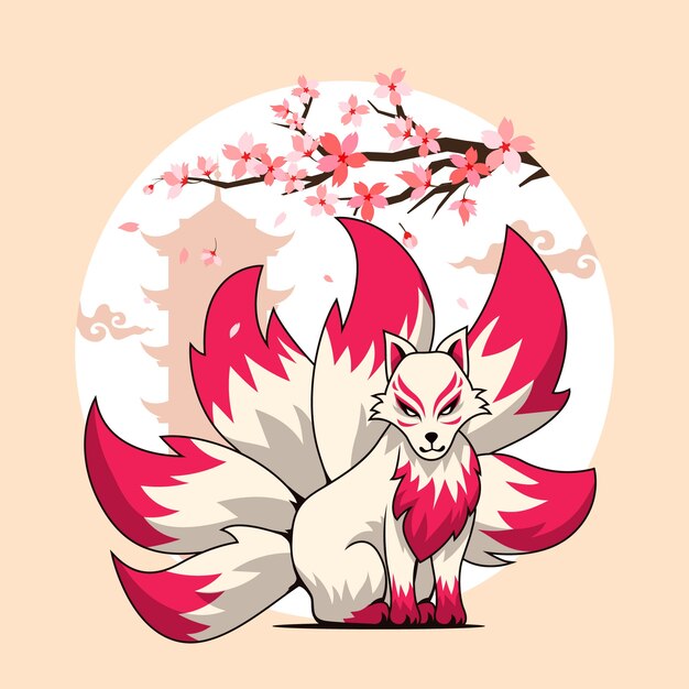 Hand drawn flat design kitsune illustration