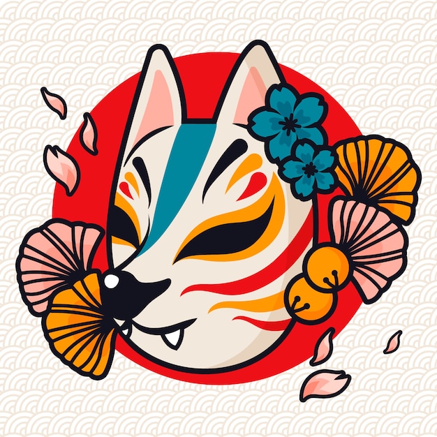 Hand drawn flat design kitsune mask illustration