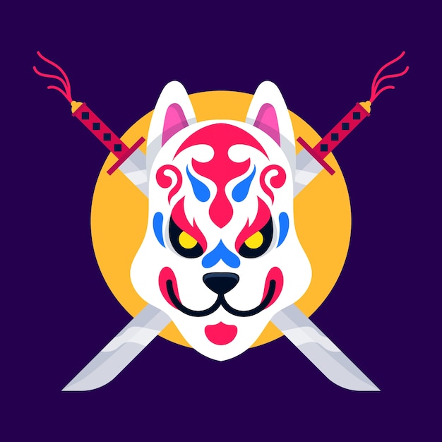 Hand drawn flat design kitsune mask illustration