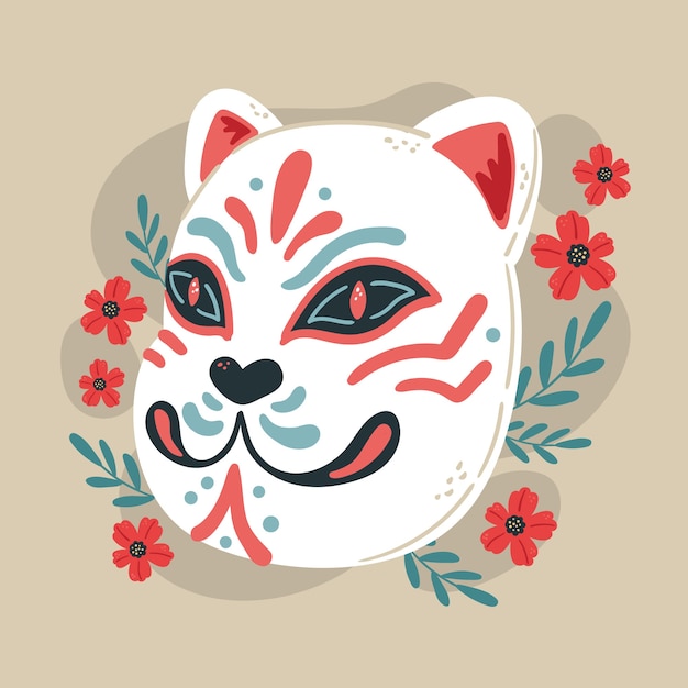 Hand drawn flat design kitsune mask illustration