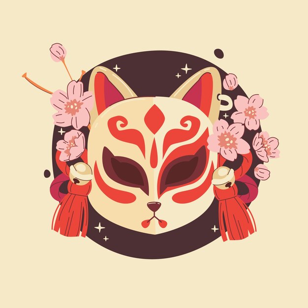 Hand drawn flat design kitsune mask illustration