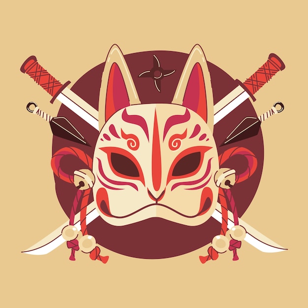 Hand drawn flat design kitsune mask illustration