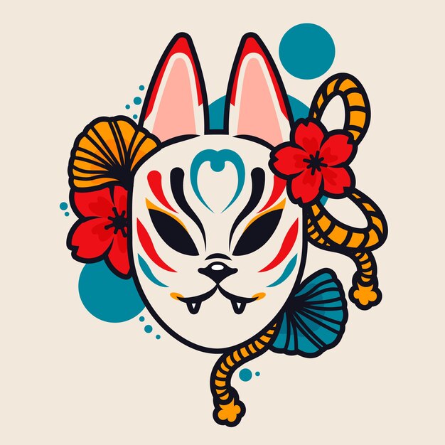 Hand drawn flat design kitsune mask illustration