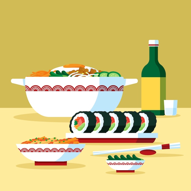 Hand drawn flat design korean food illustration