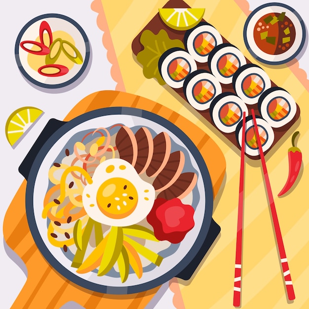 Hand drawn flat design korean food illustration