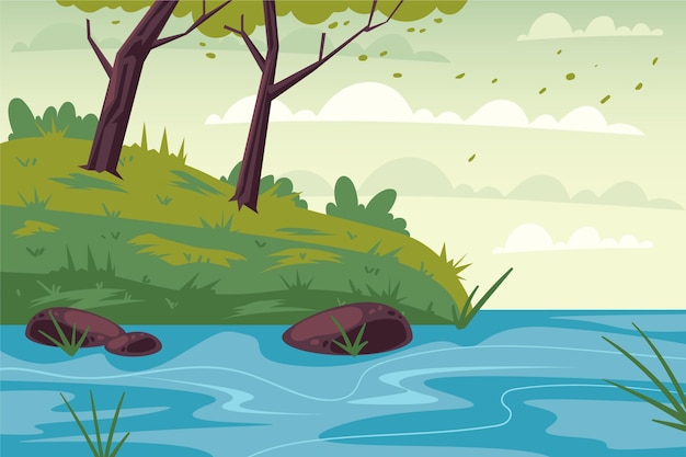 Free Vector hand drawn flat design lake scenery