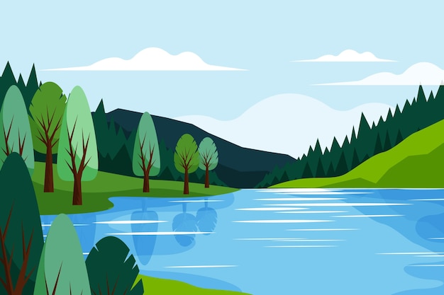 Hand drawn flat design lake scenery