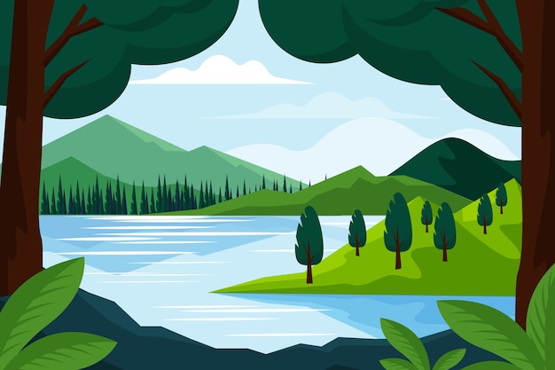 Free Vector hand drawn flat design lake scenery