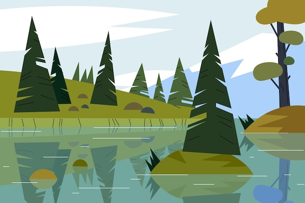 Free Vector hand drawn flat design lake scenery