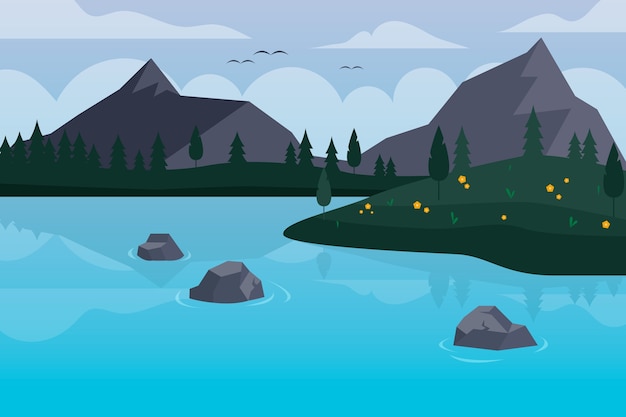 Free Vector hand drawn flat design lake scenery