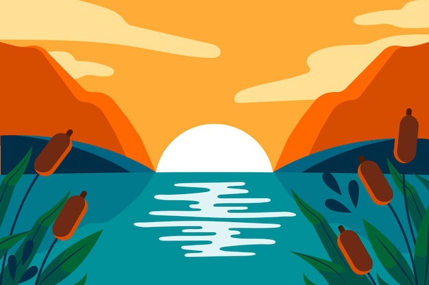 Free Vector hand drawn flat design lake scenery