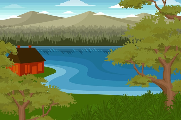 Free Vector hand drawn flat design lake scenery