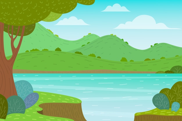 Free Vector hand drawn flat design lake scenery