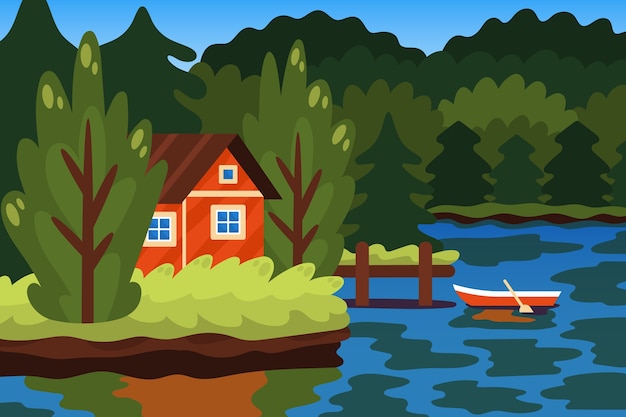 Free vector hand drawn flat design lake scenery