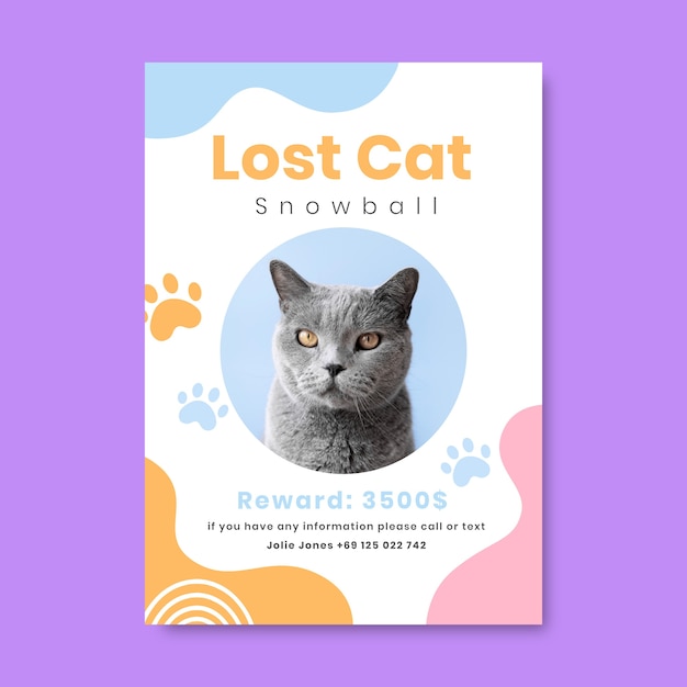 Hand drawn flat design lost cat snowball poster