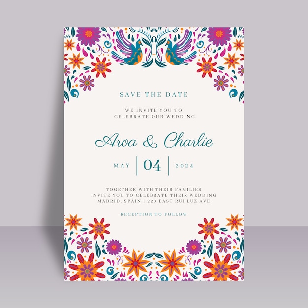 Free Vector hand drawn flat design mexican wedding invitations