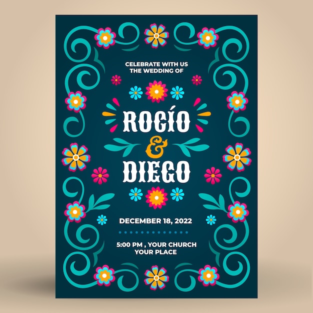 Free Vector hand drawn flat design mexican wedding invitations