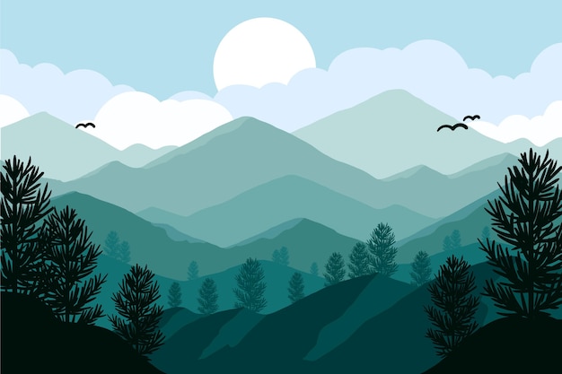 Free Vector hand drawn flat design mountain landscape