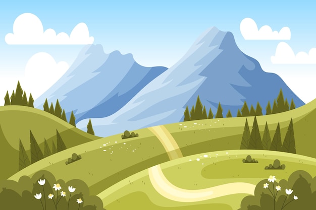 Hand drawn flat design mountain landscape