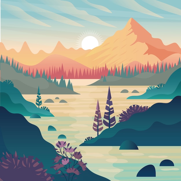 Free Vector hand drawn flat design mountain landscape