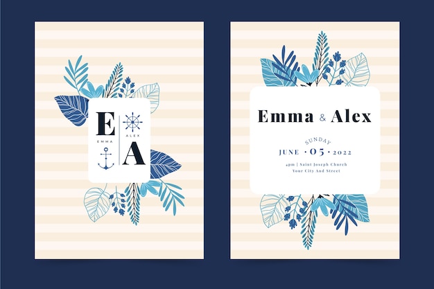 Hand drawn flat design nautical wedding invitations