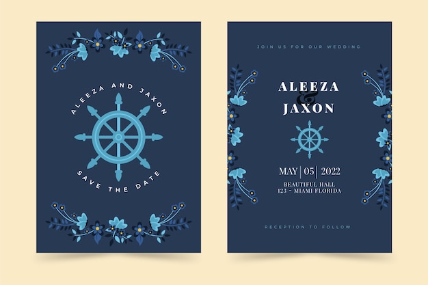 Free vector hand drawn flat design nautical wedding invitations