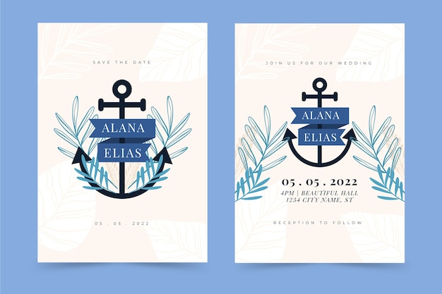 Free Vector hand drawn flat design nautical wedding invitations