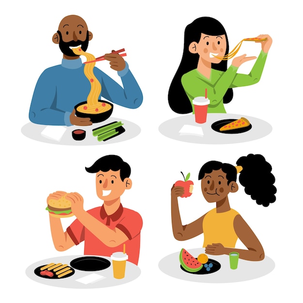 Hand drawn flat design people eating collection