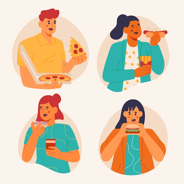 Hand drawn flat design people eating collection