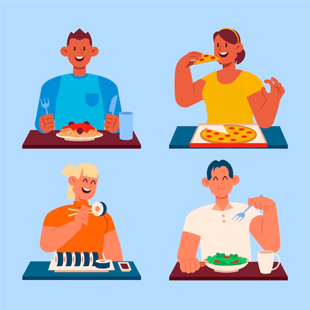 Hand drawn flat design people eating collection