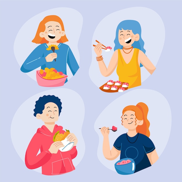 Free Vector hand drawn flat design people eating collection