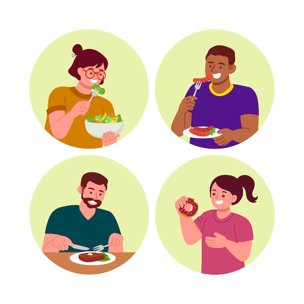 Hand drawn flat design people eating collection