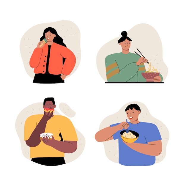 Free Vector hand drawn flat design people eating collection