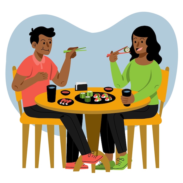 Hand drawn flat design people eating illustration