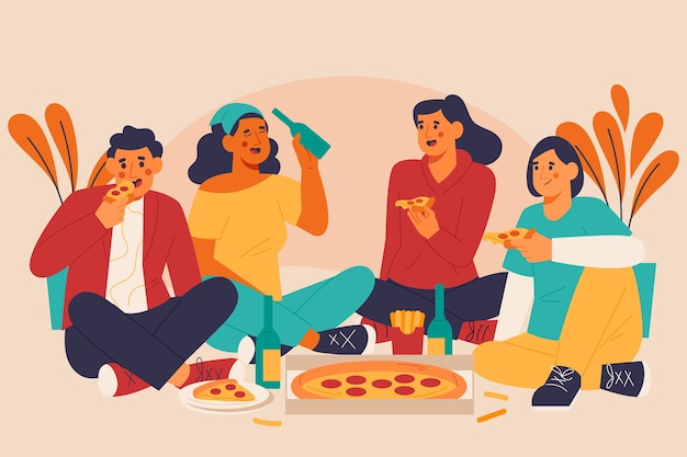 Free Vector hand drawn flat design people eating illustration