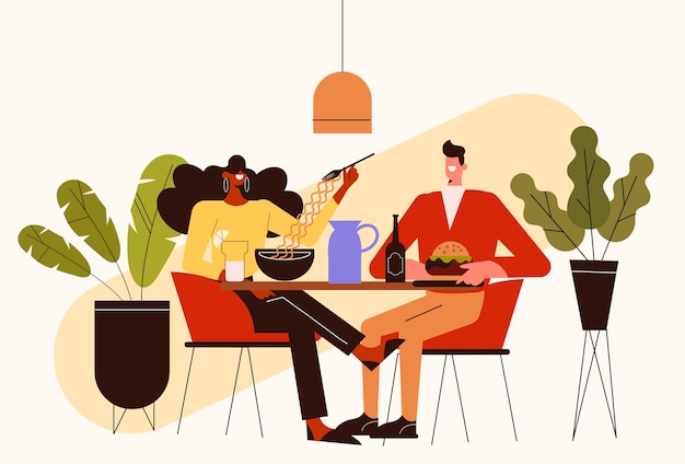 Free Vector hand drawn flat design people eating illustration