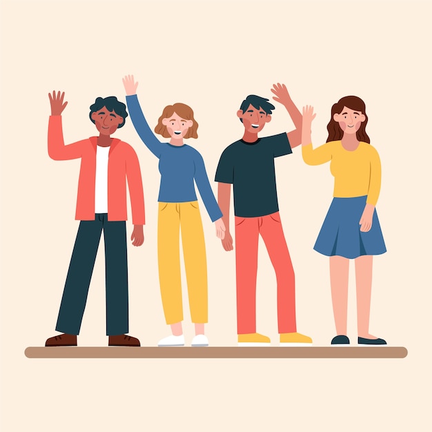 Hand drawn flat design people waving illustration