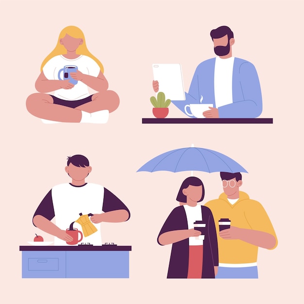 Hand drawn flat design people with hot drinks