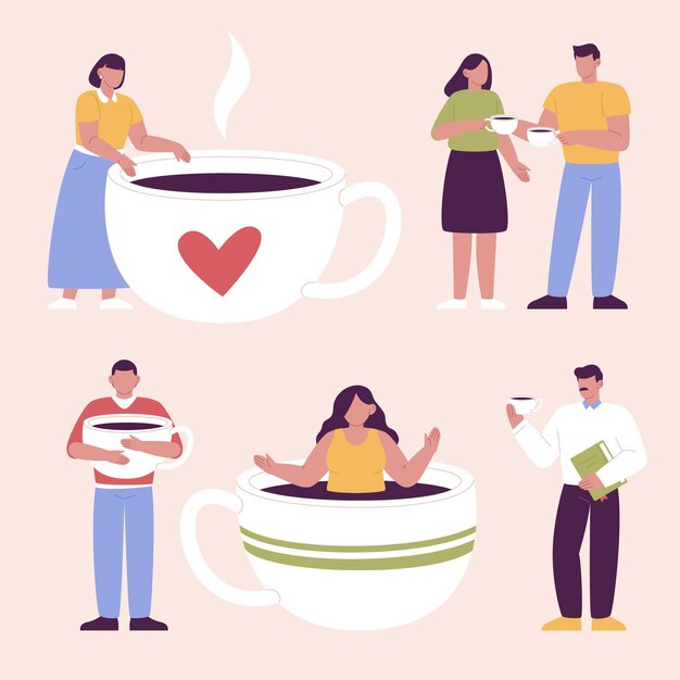 Hand drawn flat design people with hot drinks