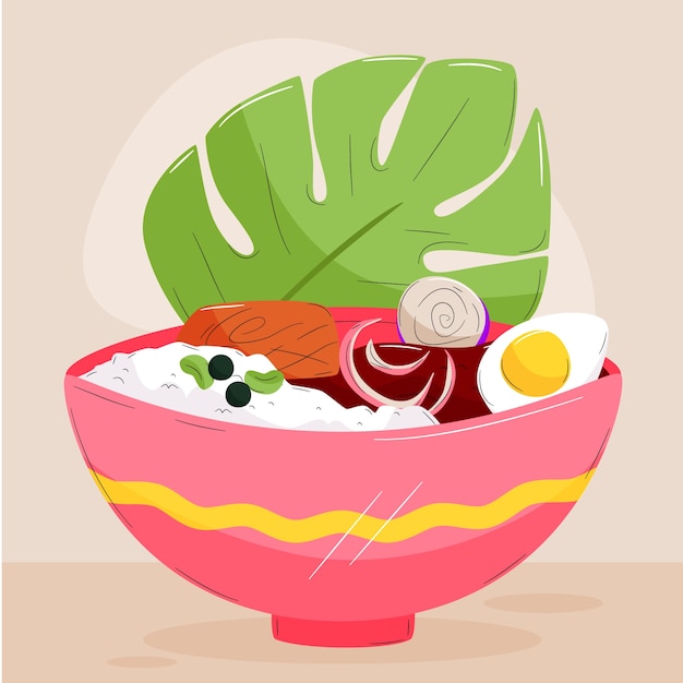 Hand drawn flat design poke bowl food illustration