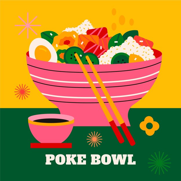 Hand drawn flat design poke bowl food illustration